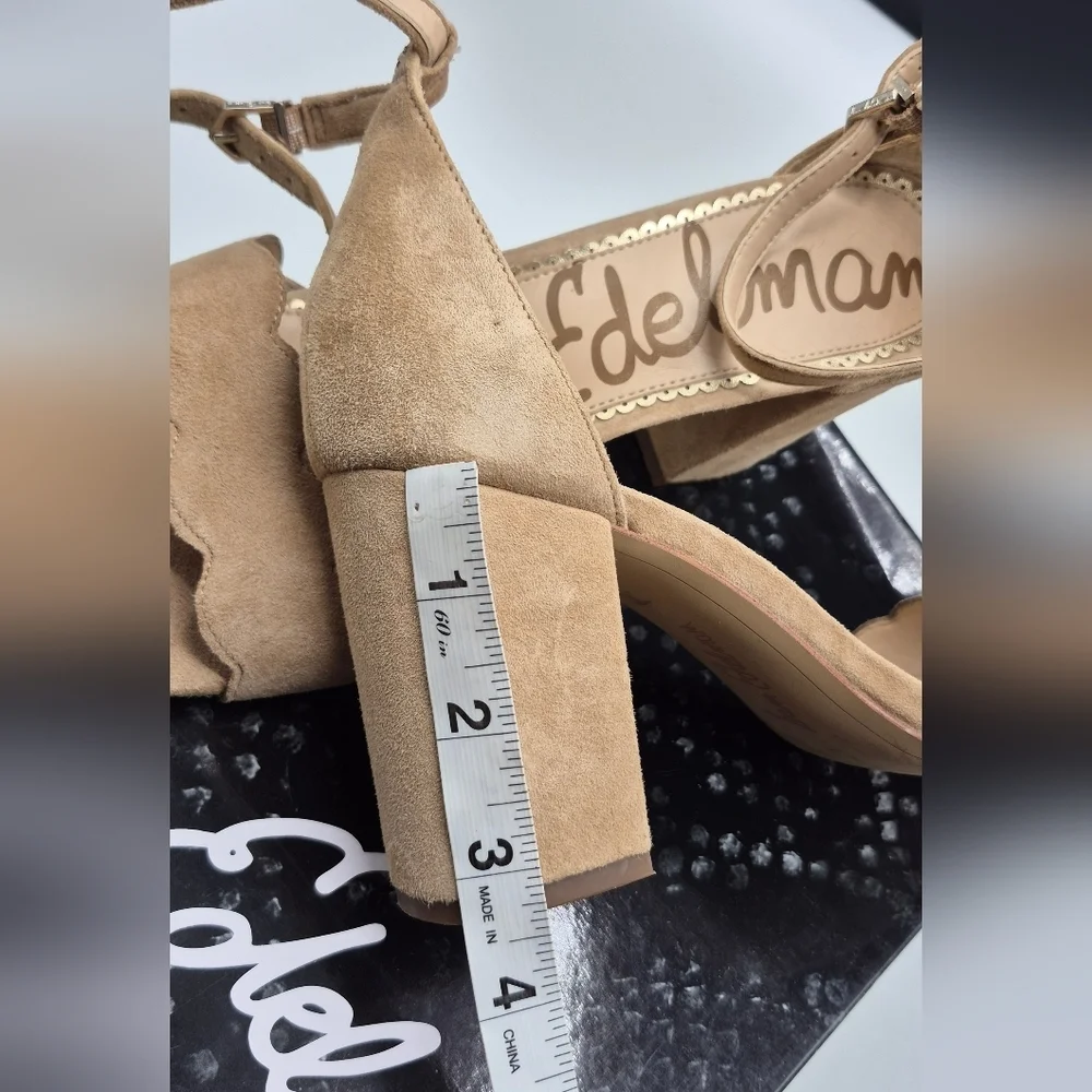 Sam Edelman Tan Suede Scalloped Block Heel Sandals, Used With Box